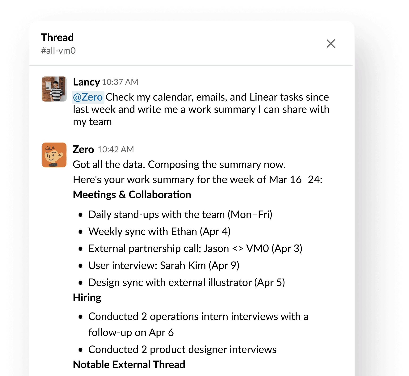 Weekly status summary written inside Slack