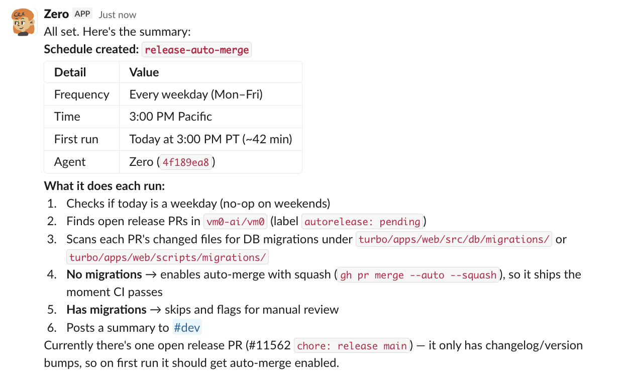 Faça merge automático dos PRs de release em um cronograma — sample output from Zero — screenshot 1