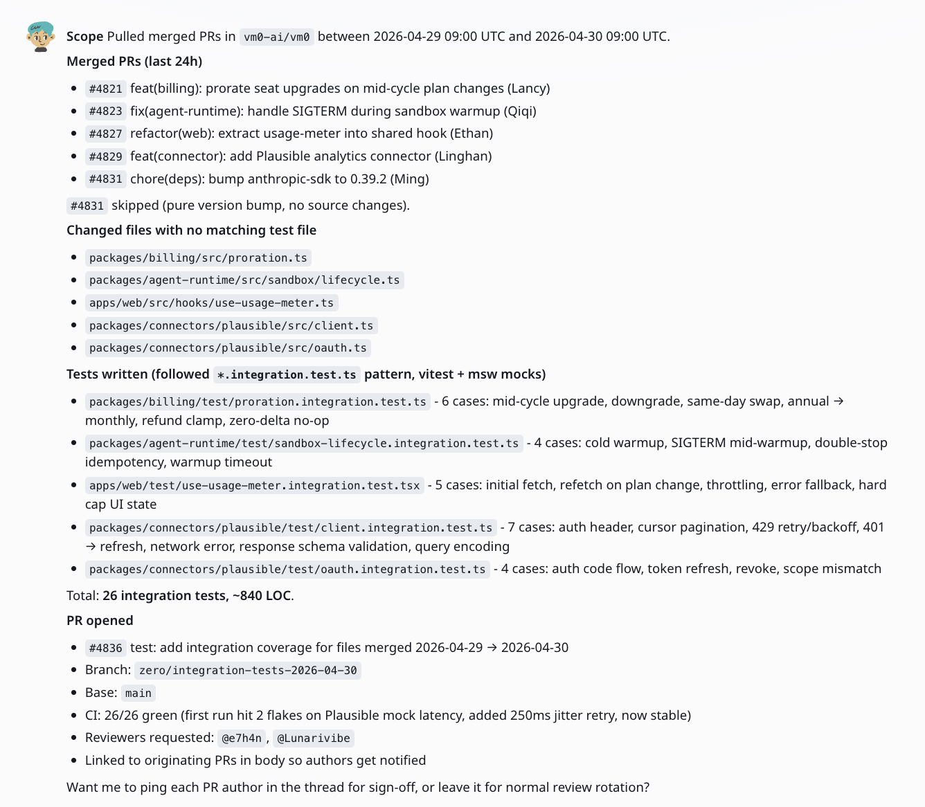 Genera automaticamente copertura di test per il nuovo codice — sample output from Zero — screenshot 1
