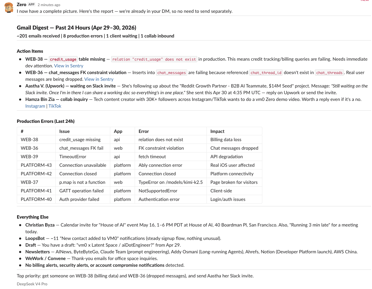 Triage prioritizzato della posta in arrivo giornaliera via Slack — sample output from Zero — screenshot 1