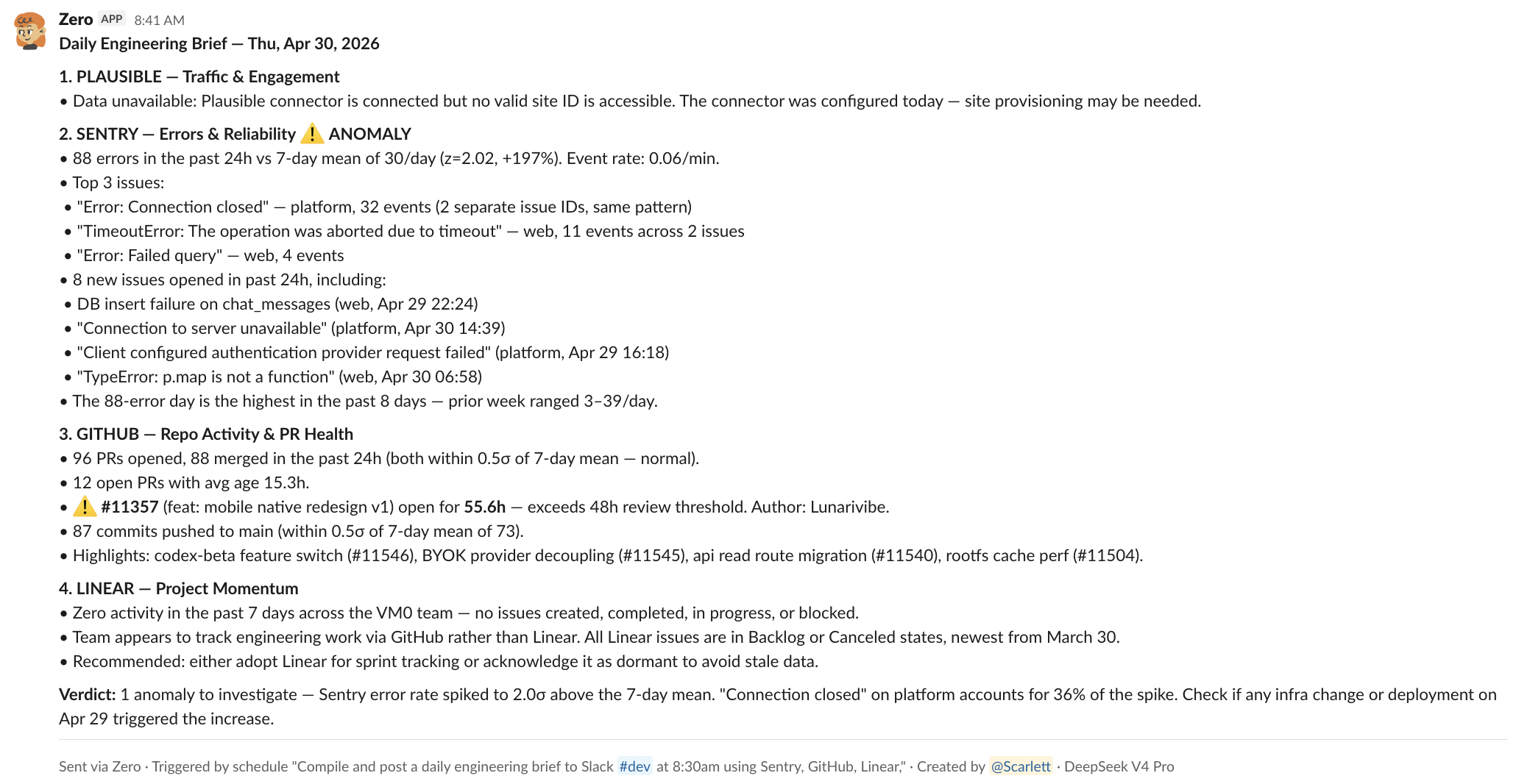 이상 징후 알림이 포함된 일일 엔지니어링 브리핑 — sample output from Zero — screenshot 1