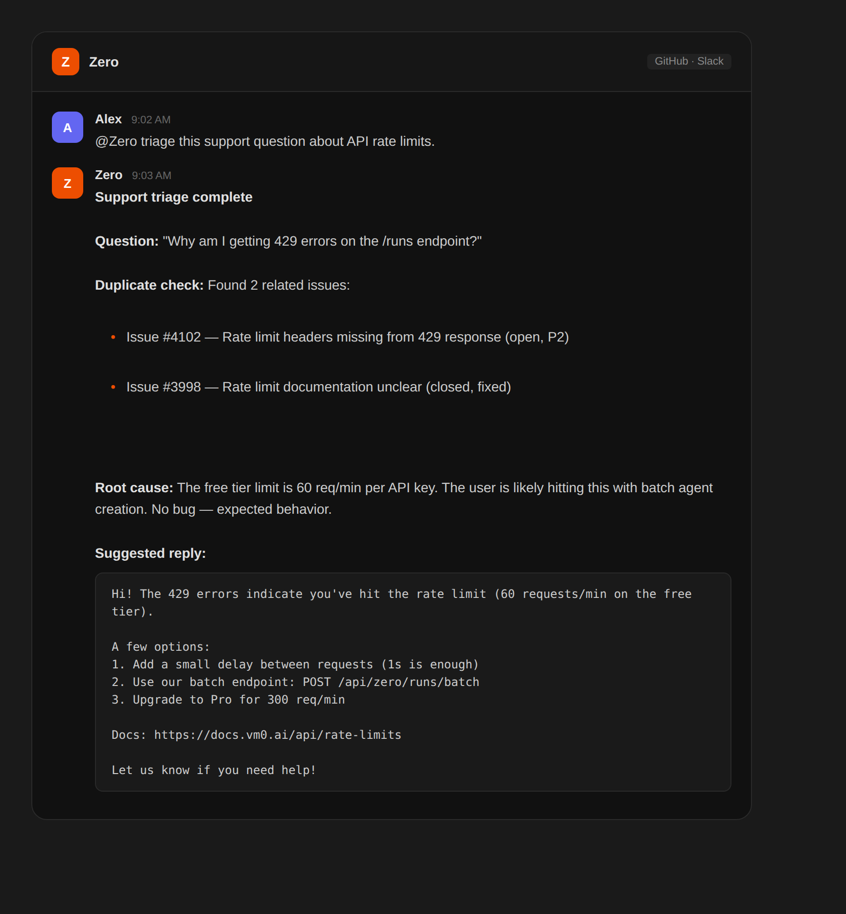 Fai il triage delle domande di supporto agli sviluppatori con l'AI — sample output from Zero — screenshot 1