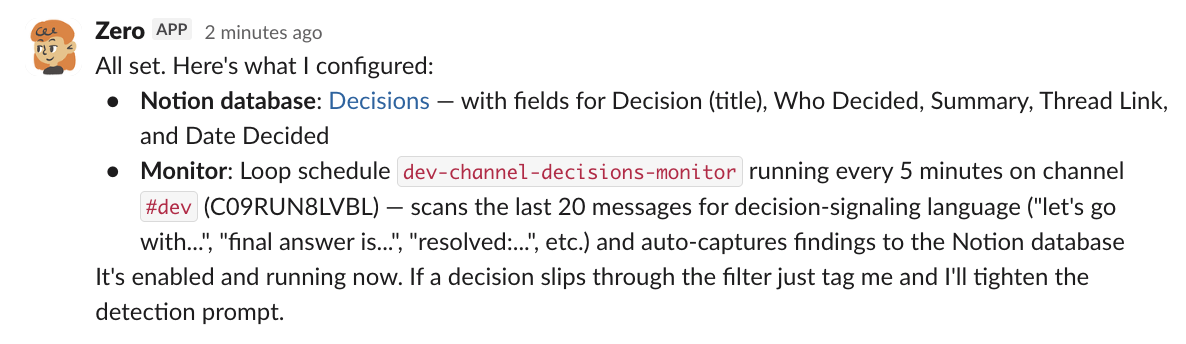 Capturez automatiquement les décisions de l'équipe depuis Slack — sample output from Zero — screenshot 1