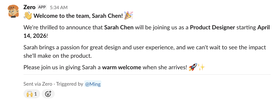 Automatisez l'intégration des employés via Slack — sample output from Zero — screenshot 1