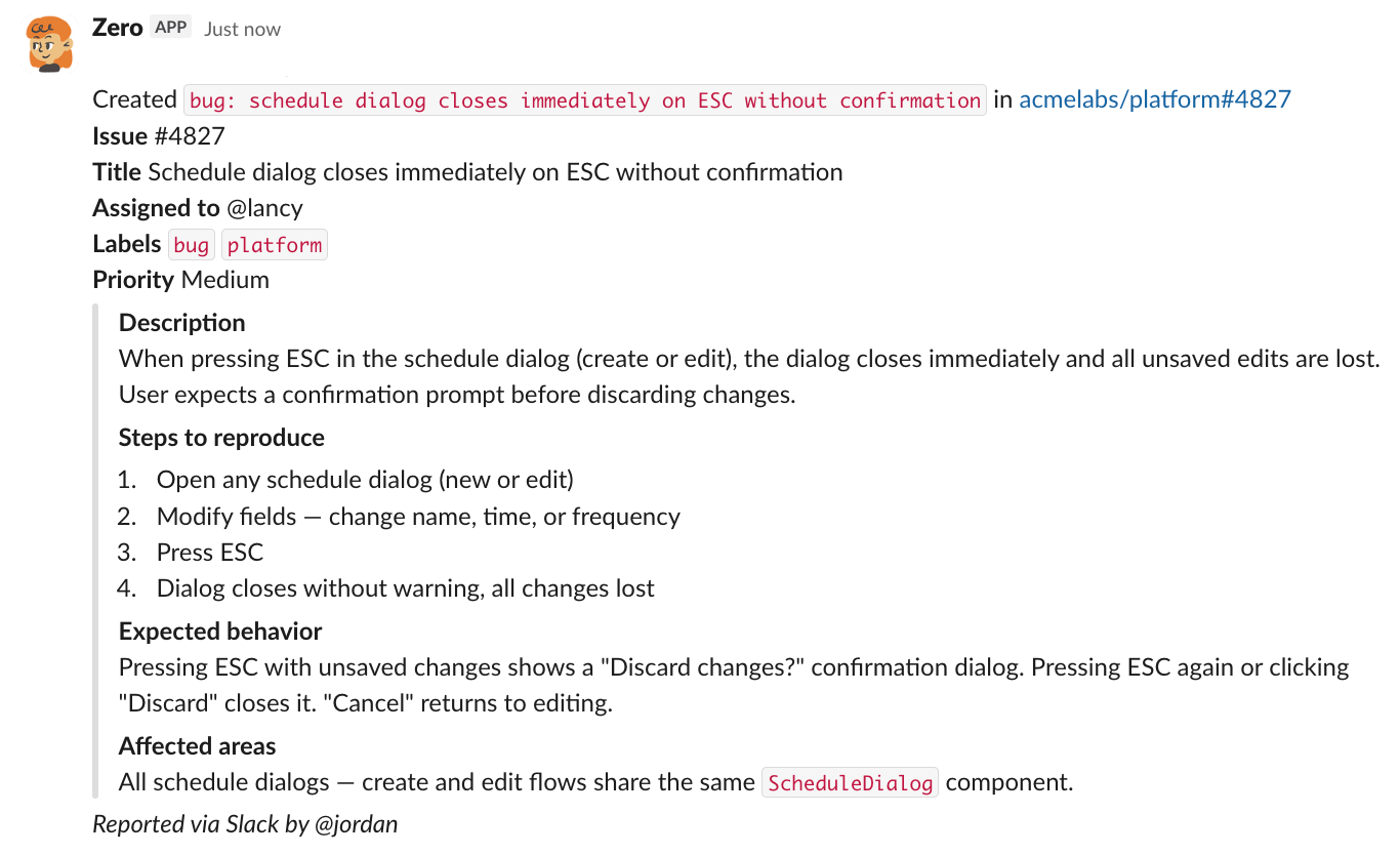 Buat Issue GitHub dari Pesan Slack — sample output from Zero — screenshot 1