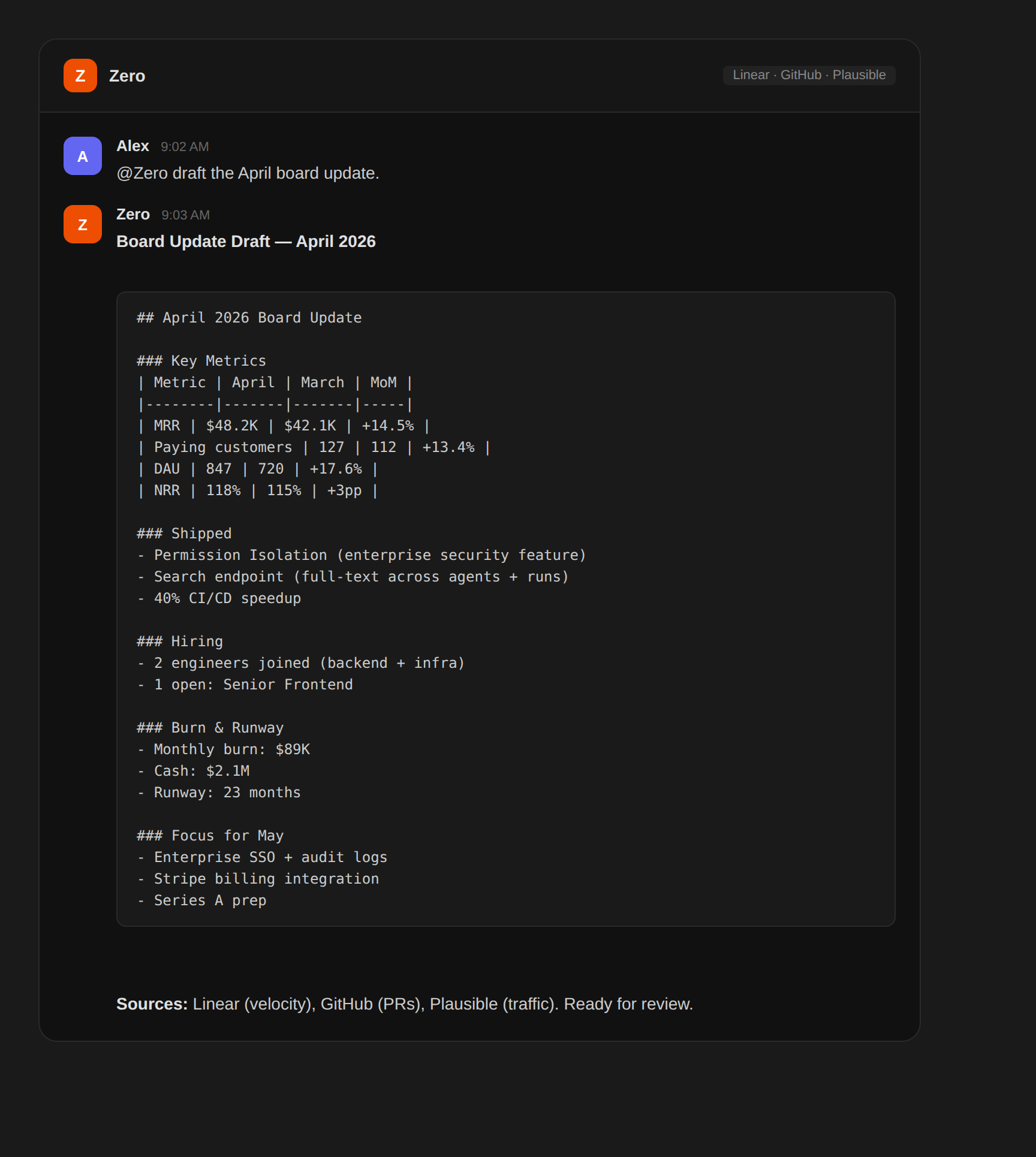 Rédigez des updates conseil à partir de métriques en direct — sample output from Zero — screenshot 1