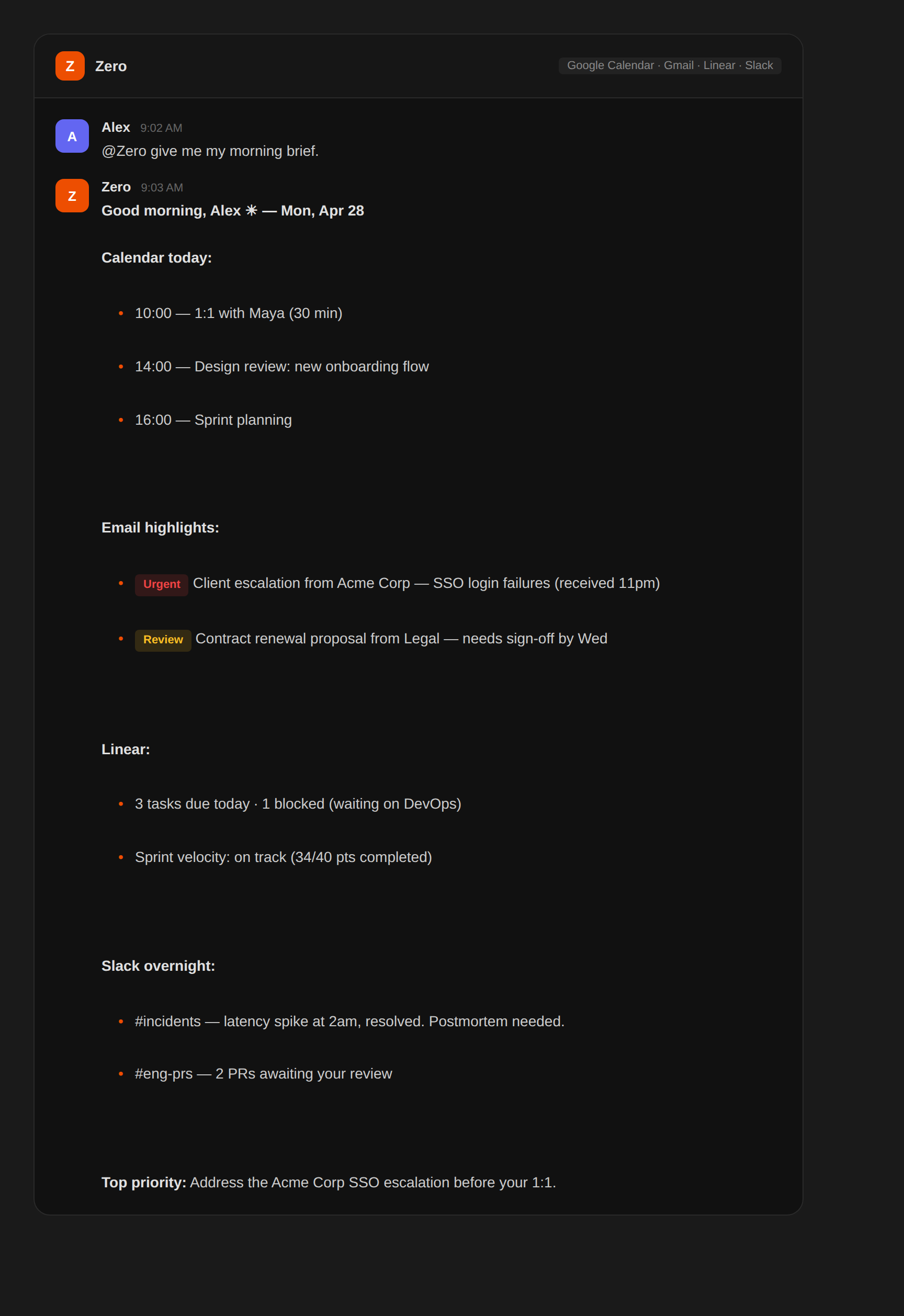 Brief de standup matinal com IA — sample output from Zero — screenshot 1