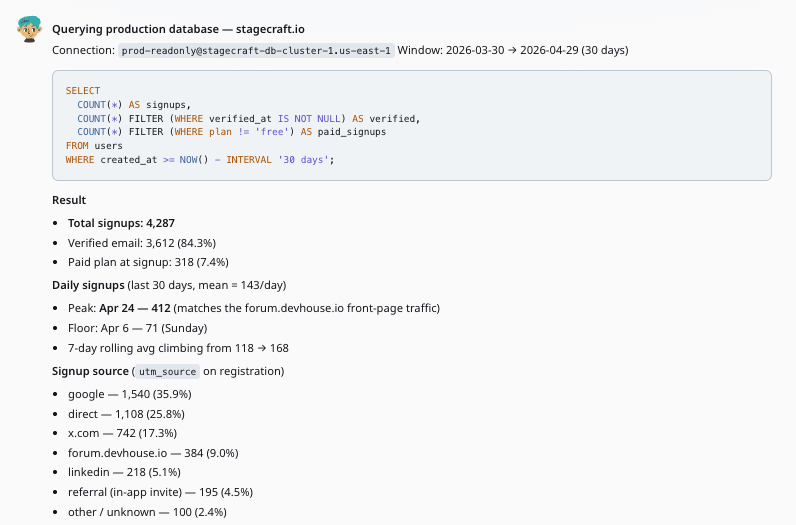 Interrogez vos données de production en langage courant — sample output from Zero — screenshot 1