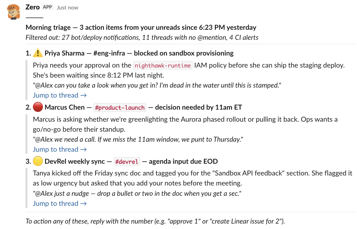 Triase Slack dengan AI untuk Memunculkan yang Penting — sample output from Zero — screenshot 1